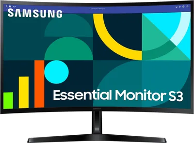 A Samsung Essential Monitor S3 displayed with abstract geometric shapes and bars on its screen.