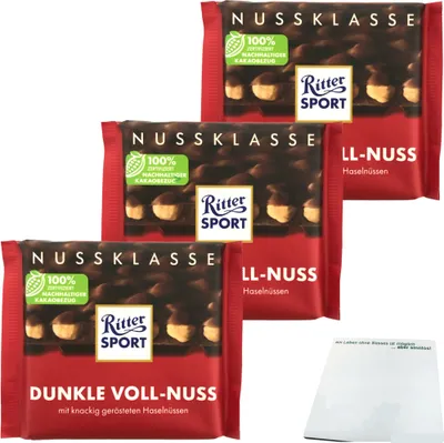 Produktbild von Ritter Sport Nussklasse Dunkle Voll-Nuss Schokolade 3er Pack (3x100g Tafel) + usy Block
