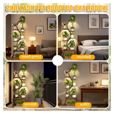 Produktbild von 160 cm Pflanzenständer mit Wachstumslicht für den Innenbereich, dekoratives Blumenregal, 6 Ebenen für Zimmerpflanzen im Wohnzimmer, Metall Holz Blumentreppe