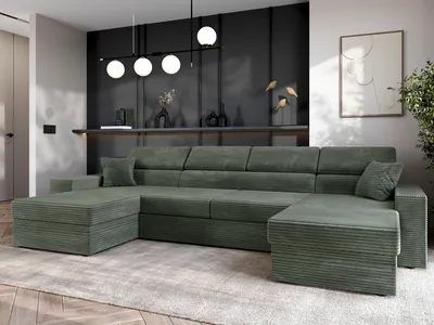 Image de AX LIVING Belek U Cord Canapé en forme de U vert olive avec fonction sommeil 355 cm