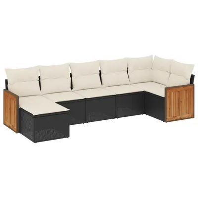 Produktbild von Gartenmöbel-Set 7-teilig, modulare Sofagarnitur mit abnehmbaren Kissen, Poly Rattan Schwarz, UV-beständig, Cremeweiß