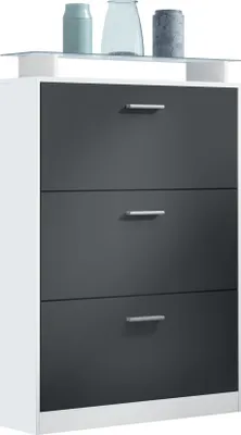 Produktbild von Vladon Schuhschrank Lavia,  Germany, Schuhkipper für 24 Paar Schuhe mit 3 Klappen und Glasablage, Weiß matt/Schwarz matt (89 x 128 x 23 cm)