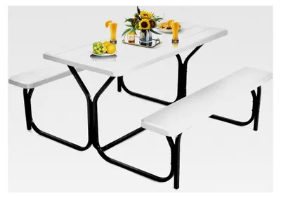 Produktbild von Bierzeltgarnitur, Picknicktisch und 2 Sitzbänke mit Metallrahmen, Campingtisch Set für Terrasse, Garten, Pool, 137 x 150 x 72 cm (Weiß)