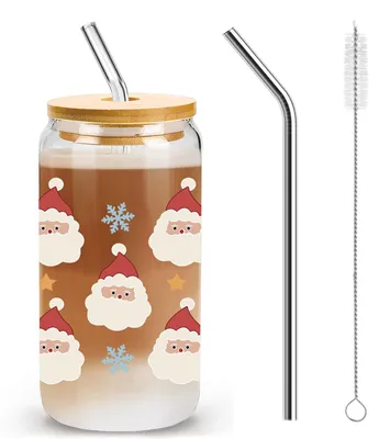 Trinkglas 500 ml mit Deckel & Strohhalm, Weihnachtsmann-Motiv, transparent