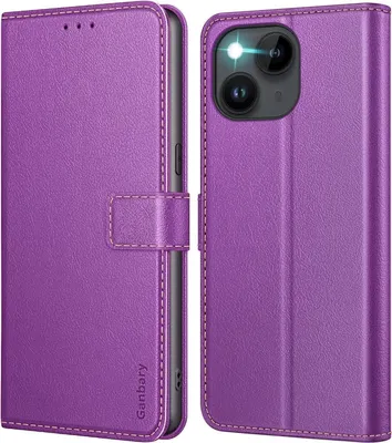 Produktbild von Leder Handyhülle für iPhone 14/13, Violett, Kartenschlitze, Magnetverschluss