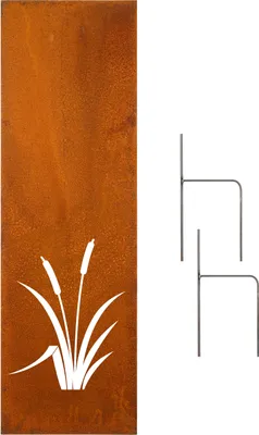 A rusted metal garden decoration with a cattail design and two metal stakes.