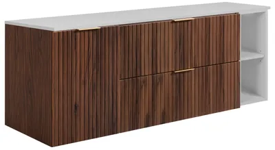 Obrázek produktu pro Závěsná skříňka do koupelny s umyvadlovou deskou, ořechové dřevo / bílá barva, rozměry 140 x 58,6 x 46 cm, Obrázek vytvořený pomocí AI