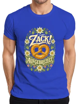 Produktbild von Zack! Aufgebrezelt Brezel Edelweiß Tracht Bayern Lederhose Dirndl Herren T-Shirt, Blau, 3XL