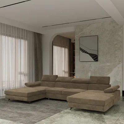 Produktbild von Masseno Ecksofa DETTI mit Schlaffunktion U-Form, Sofa mit Bettkasten, Wohnzimmersofa, Couch, Soffa, Bettsofa, Couchgarnitur- Beige, MONOLITH 09