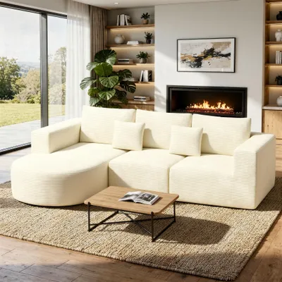 Produktbild von Aivermeil Modernes L-Sofa in L-Form – Cloud-Couch aus Cord für das Wohnzimmer montagefrei inklusive zwei Kissen, 264x177 cm, Beige, Linke Recamiere