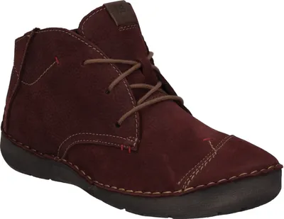 A single red leather boot is shown against a white background.