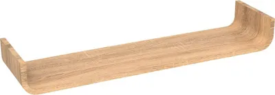 A single, curved shelf made of wood, shown against a white background.