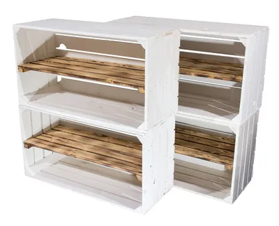 Produktbild von 9er Set Breite weiße Obstkiste mit geflammtem Mittelbrett 68cm x 40cm x 31cm Holzregal Weinkisten quer mit Zwischenbrett Gartenmöbel Aufbewahrungsregal Zwischenfach flambiert