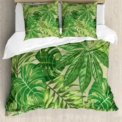 Immagine prodotto di ABAKUHAUS Set copripiumino con foglie verdi, motivo esotico con foglie tropicali Fresh Jungle Aloha Hawaii, 155 x 220 cm + 80 x 80 cm, verde mela verde felce