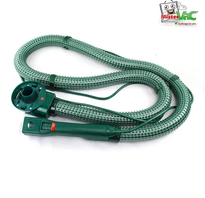 A green vacuum cleaner hose and handle are laid out on a white background.