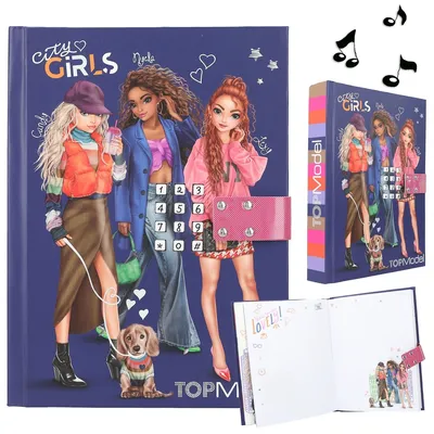 A diary with a keypad lock and illustrations of fashion models and a dog.