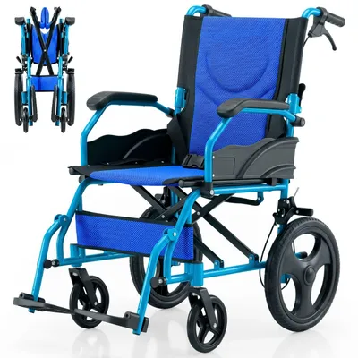 Productafbeelding van Rolstoel, opvouwbaar, met twee remsystemen, zitbreedte 46 cm, inklapbare rugleuning, aluminium. Blauwe, inklapbare rolstoel, merk Pirámide, model Mobiclinic