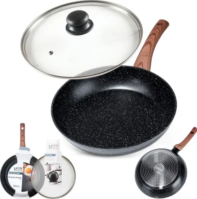 A collage of images showing a frying pan with a glass lid, its base, and packaging.