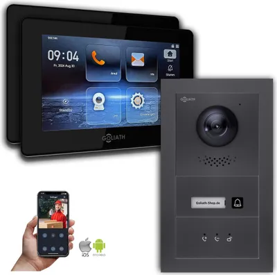 Image de Interphone vidéo Goliath IP avec caméra pour maison individuelle Avis : 2 moniteurs : 7 pouces, noir : anthracite : boîtier encastré Nombre de moniteurs : 2 moniteurs Couleur des moniteurs : 7 pouces, noir Montage : boîtier encastré Couleur de la sonnette : anthracite