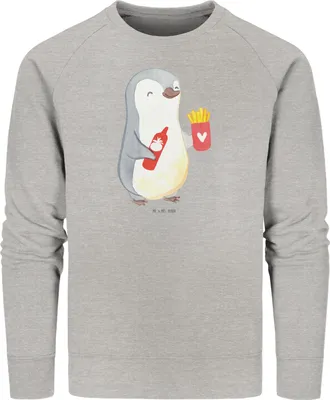 Produktbild von Mr. & Mrs. Panda Bio Baumwoll Pullover Pinguin Pommes Größe XL - Heather Grey - Geschenk, Valentinstag, Sweater, Rundhals, Freundin, Sweatshirt, Hochzeitstag, für Partner