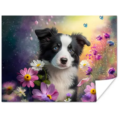 Produktbild von MuchoWow® Poster Hund - Blumen - Natur - Welpe - Border Collie 160x120 cm - Foto Plakat