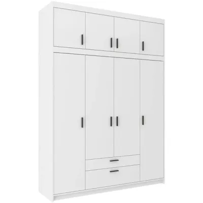 Produktbild von Drehtürenschrank ELENA 4D Weiß mit schwarze Griffe - Kleiderschrank 175 cm mit Erweiterung, 2 Schubladen und glatten 4 Türen