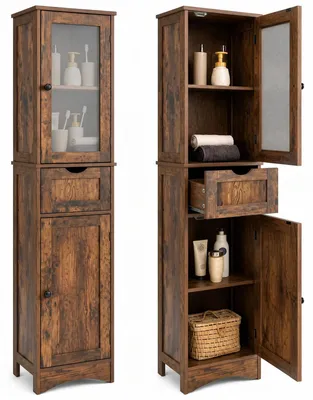 Immagine prodotto di COSTWAY, mobiletto bagno da 170 cm, armadietto bagno con cassetto, mobile alto per bagno con ripiani regolabili e porta in vetro satinato, mobiletto alto bagno stretto, colore marrone