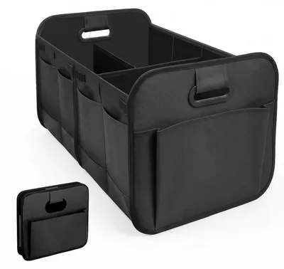 Productafbeelding van Opvouwbare bagageorganizer voor in de kofferbak, gemaakt van 600D Oxford-materiaal, zwart, met compartimenten en een handvat