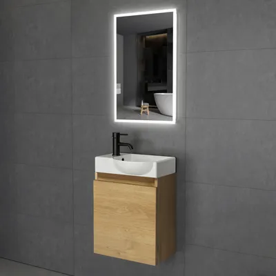Produktbild von Alpenberger Badezimmermöbel Set | Gäste WC Waschtisch mit Unterschrank | Badschrank Schmal mit Badspiegel | Badezimmer Spiegel mit Beleuchtung | Waschbeckenunterschrank Lugano 450 Eiche Natur Rechts Waschbecken