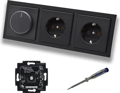 Produktbild von Busch Jäger 6523U-102 LED Drehdimmer Dimmer + Dimmerscheibe 6540-885-102 und 2 x Steckdose 20EUC-885 in Future Linear schwarz matt inklusive EBROM Phasenprüfer zur Montage der Geräte 6523 U – 102