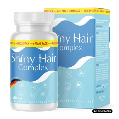 Produktbild von Shiny Hair Complex Kapseln| mit Pflanzenextrakten, Mineralstoffen und Vitaminen | 90 Kapseln pro Dose, KI-generiertes Bild