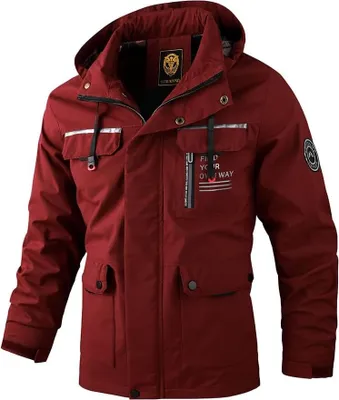 Produktbild von ASKSA Herren Casual Jacke Taktische Winter Mantel mit Kapuze und Reissverschluss Atmungsaktiv Outdoorjacke Trekking uebergangsjacke,Rot,L