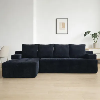 Obrázek produktu pro MODFU L-tvarová 4místná pohovka s otočným chaise longue, rohová sedací souprava s boční kapsou a 2 držáky na nápoje, rozkládací pohovka do obývacího pokoje, černá