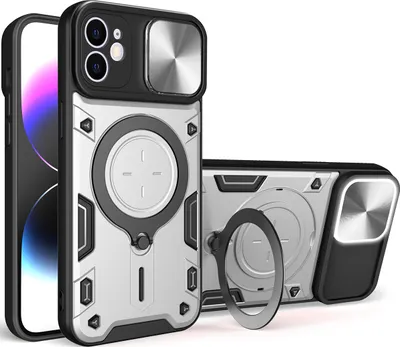 Produktbild von Handyhülle für iPhone 11 Dual-Layer Stoßfest Rüstung Hülle mit Dia Kameraschutz und Kreisförmig Ring Ständer Silber