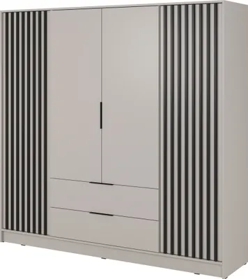 Produktbild von Schlafzimmerschrank 206 x 200 x 51 cm JOHN 4D (Kaschmir) mit 4 drehbaren Türen und 2 Schubladen Latten aus Holz Loft Style Industrieller Schrank Kleiderschrank (Spannstange) mit Regalen