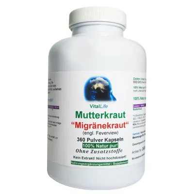 Produktbild von Mutterkraut 360 Pulver Kapseln - Feverfew nach Hildegard von Bingen Kein Extrakt Natur Pur ohne Zusatzstoffe