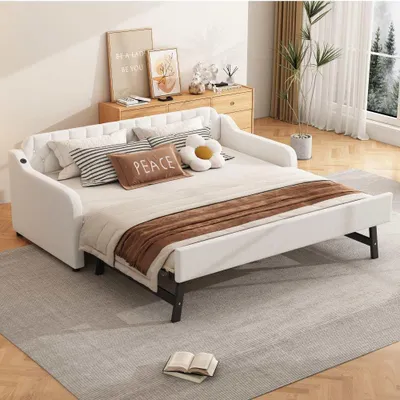 Zdjęcie produktu dla Sofa rozkładane, 90*200 cm, idealne jako łóżko do pokoju goścnego, z możliwością rozłożenia na dodatkowe łóżko (w formie materaca), z portem USB, kolor beżowy