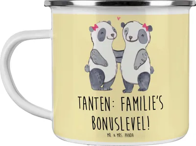 Produktbild von Mr. & Mrs. Panda Emaille Tasse Tante Bonuslevel - Gelb Pastell - Geschenk, Campingbecher, Nichte, Lustig, handgemacht, Haferl, Freude, Weihnachten, emotional, Geschenke