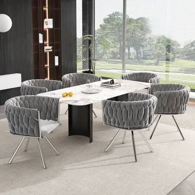 A modern dining room with a marble-topped table and six upholstered chairs.
