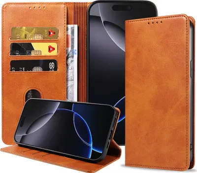 Produktbild von Smartphonica Handytasche passend für iPhone 16 Pro Max Kunstleder mit Magnetverschluss und Kartenhalter Buchhülle mit Klappe - Braun