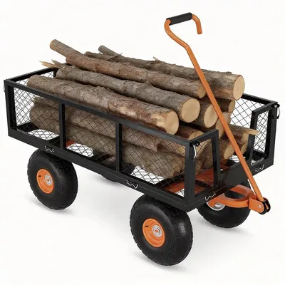 Image de Chariot de jardin en acier – Chariot de transport robuste – 3 en 1, capacité de charge d'environ 225 kg, parois grillagées amovibles, pneus tout-terrain de 25 cm, timon pivotant à 180°