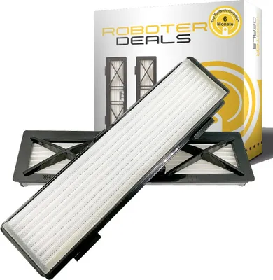 Two vacuum cleaner filters are displayed in front of a product box.
