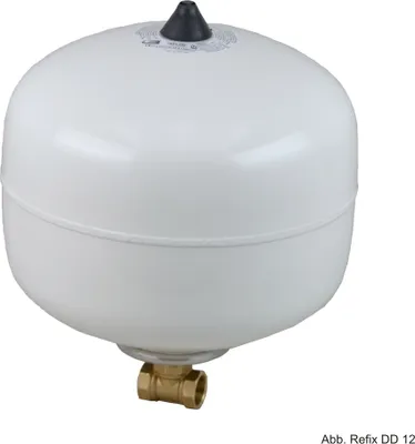 A white expansion vessel with a black cap and a brass fitting at the bottom, isolated on a white background.
