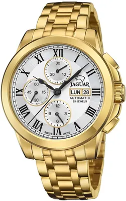 A close-up studio shot of a gold-colored men's wristwatch with a white dial and multiple subdials.