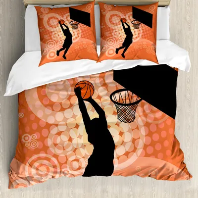 Obrázek produktu pro ABAKUHAUS Sada povlečení na basketbal, silueta basketbalisty, sportovec, soutěž, mistrovství, propagace, 155 x 220 cm + 80 x 80 cm, světle oranžová, černá