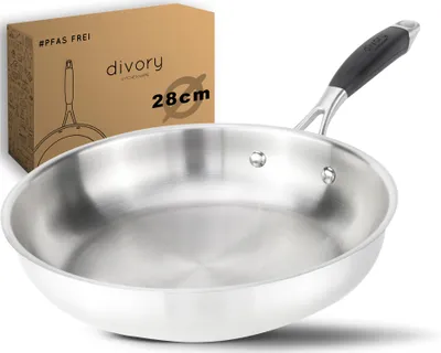 Produktbild von DIVORY Edelstahlpfanne 28cm – Ohne PTFE, unbeschichtete Pfanne aus Edelstahl, Induktion geeignet, für alle Herdarten, große Bratpfanne