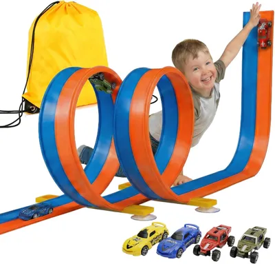 Produktbild von Autorenbahn 5 m, 2 Loopings, mit Autos und Tragetasche, für Kinder von 3-6 Jahren, Spielzeug für innen