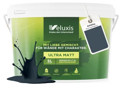 Produktbild von Wandfarbe Blau Grau Anthrazit Matt Innenfarbe – Deckkraft Klasse 1, VOC-frei, Ohne Grundierung, Tropfarm – Wohnzimmer & Schlafzimmer – 5L – Veluxis (Blooming Blueberry)
