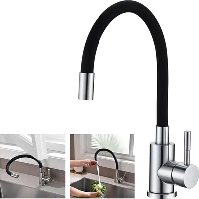 A collage of images showing a kitchen faucet with a flexible black hose and a silver base, in different settings and angles, including one showing it in use.