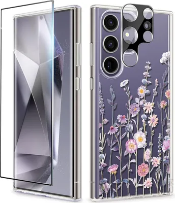 Produktbild von GVIEWIN Kompatibel mit Samsung Galaxy S24 Ultra Hülle 6,8 Zoll 2024, mit Displayschutzfolie + Kameraschutz, [10FT Falltest] Blumen Muster klar Kratzfeste stoßfeste Schutzhülle, Floratopia/Bunt